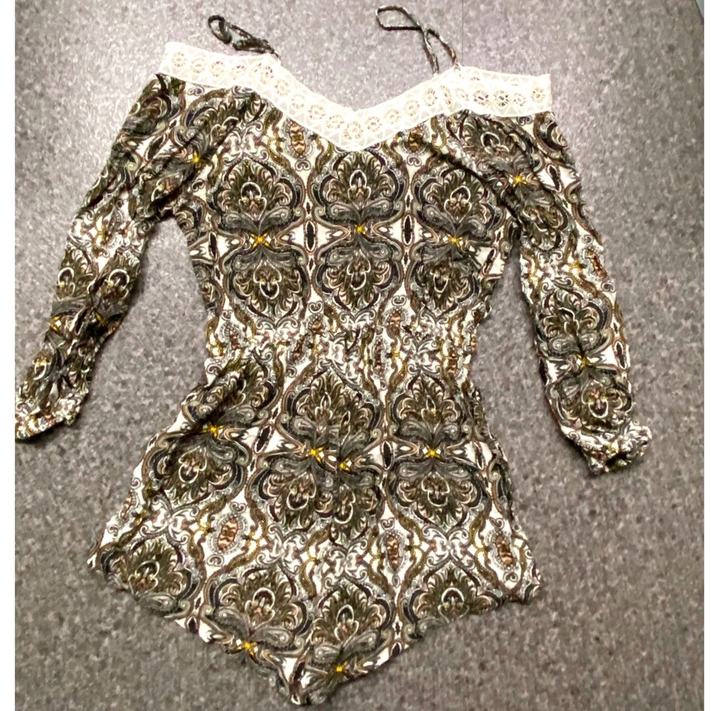 Charlotte Russe Womens Paisley Cold Shoulder Romper Crochet Lace Olive Black‎ L